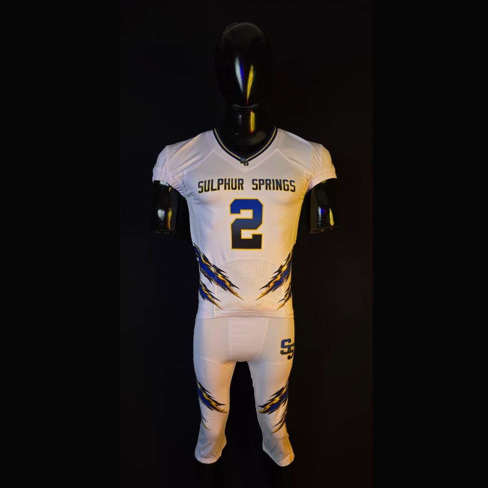 Sulphur Springs #2 Jersey Detail — custom sublimated football jersey made by Diamond Brand