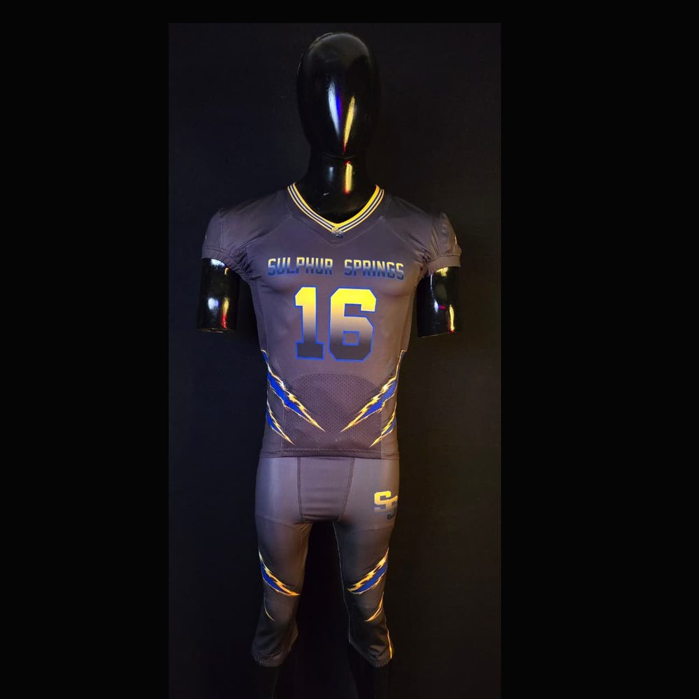 Sulphur Springs #16 Jersey Gray — custom sublimated football jersey made by Diamond Brand